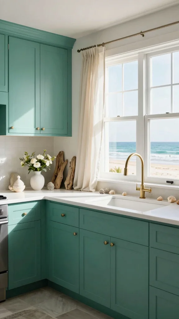 16 Green Cabinets with White Countertops: Perfect Color Harmony - 6. Coastal Teal Inspiration 1