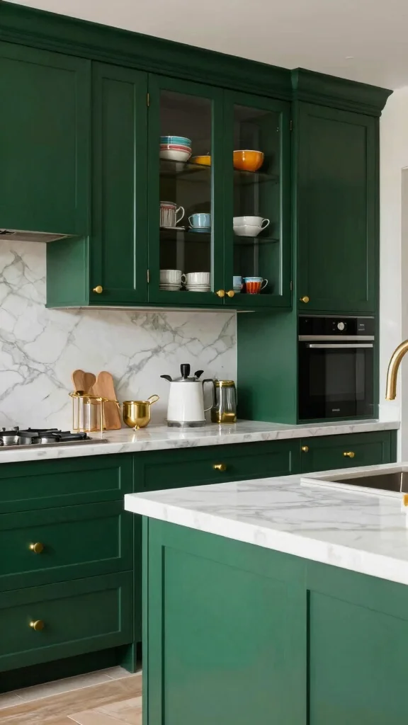 16 Green Cabinets with White Countertops: Perfect Color Harmony - 9. Elegant Forest Green with Marble 1