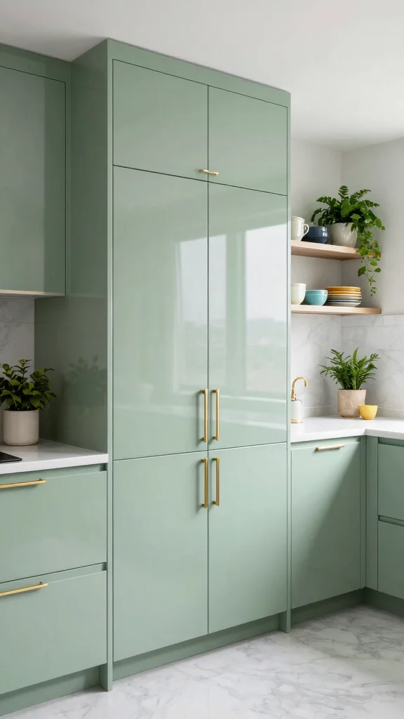 16 Light Sage Green Kitchen Cabinet Ideas with Soft Elegance - 1. Glossy Light Sage Green Cabinets 1