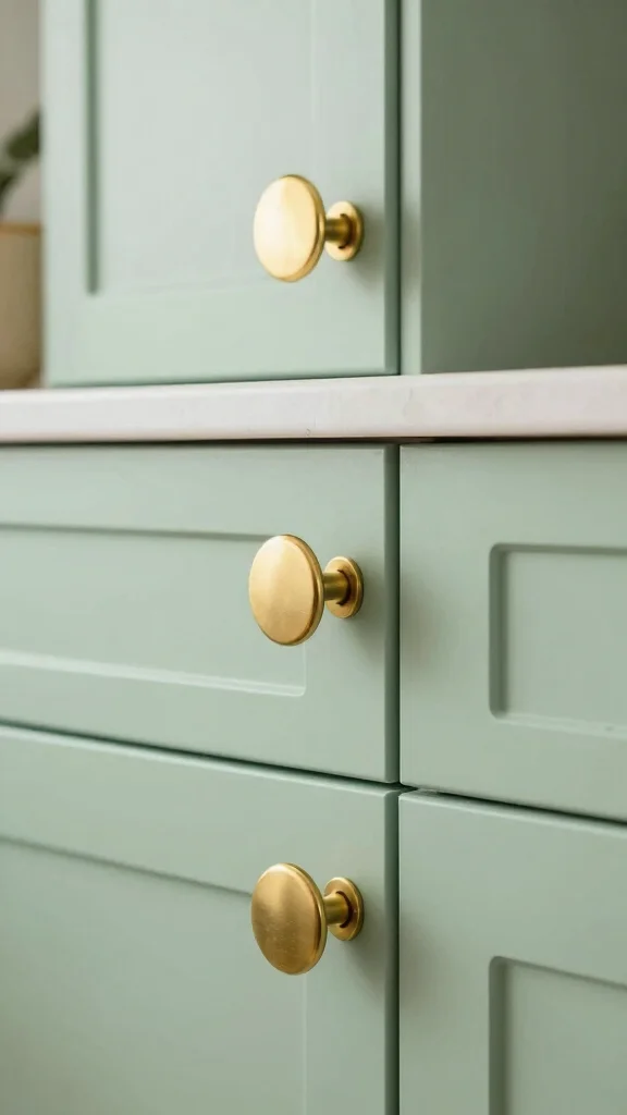 16 Light Sage Green Kitchen Cabinet Ideas with Soft Elegance - 12. Light Sage Green Cabinets with Bold Hardware 1