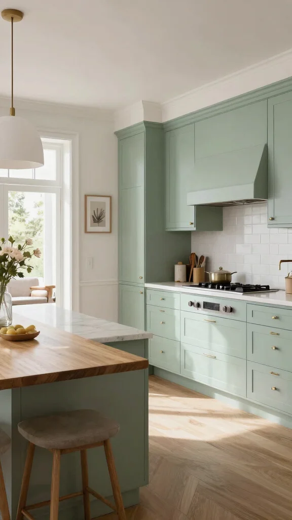 16 Light Sage Green Kitchen Cabinet Ideas with Soft Elegance - 13. Light Sage Green Cabinets in Open Concept Spaces 1