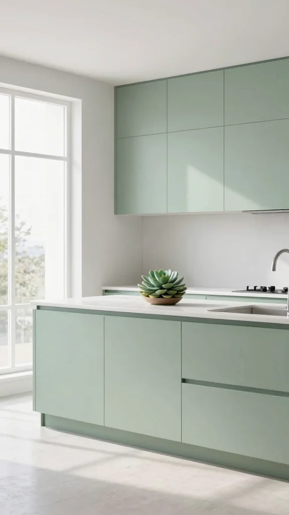 16 Light Sage Green Kitchen Cabinet Ideas with Soft Elegance - 5. Minimalist Light Sage Green Charm 1