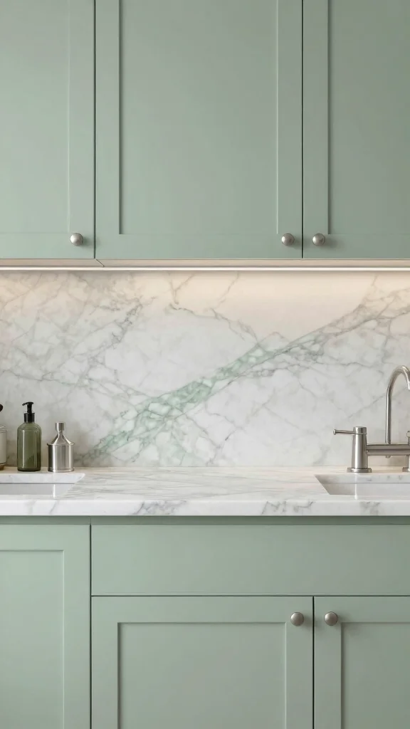 16 Light Sage Green Kitchen Cabinet Ideas with Soft Elegance - 6. Light Sage Green and Marble Fusion 1