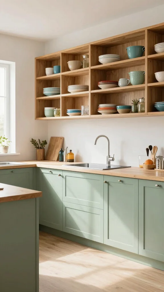 16 Light Sage Green Kitchen Cabinet Ideas with Soft Elegance - 7. Open Shelving with Light Sage Green 1