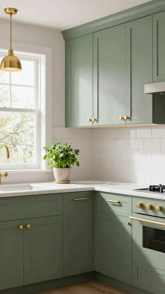 16 Sage Green and Gold Kitchen Designs for a Premium Look - 1. Elegant Sage Green Cabinets with Gold Fixtures 1