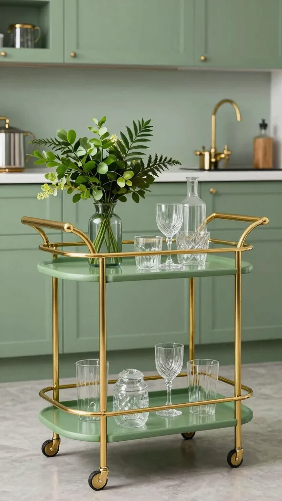 16 Sage Green and Gold Kitchen Designs for a Premium Look - 12. Sage Green Bar Cart with Gold Accents 1
