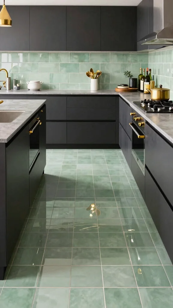 16 Sage Green and Gold Kitchen Designs for a Premium Look - 13. Sage Green Tiles for a Unique Flooring Option 1