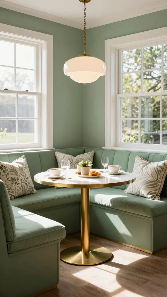 16 Sage Green and Gold Kitchen Designs for a Premium Look - 14. Create a Breakfast Nook with Sage Green and Gold 1