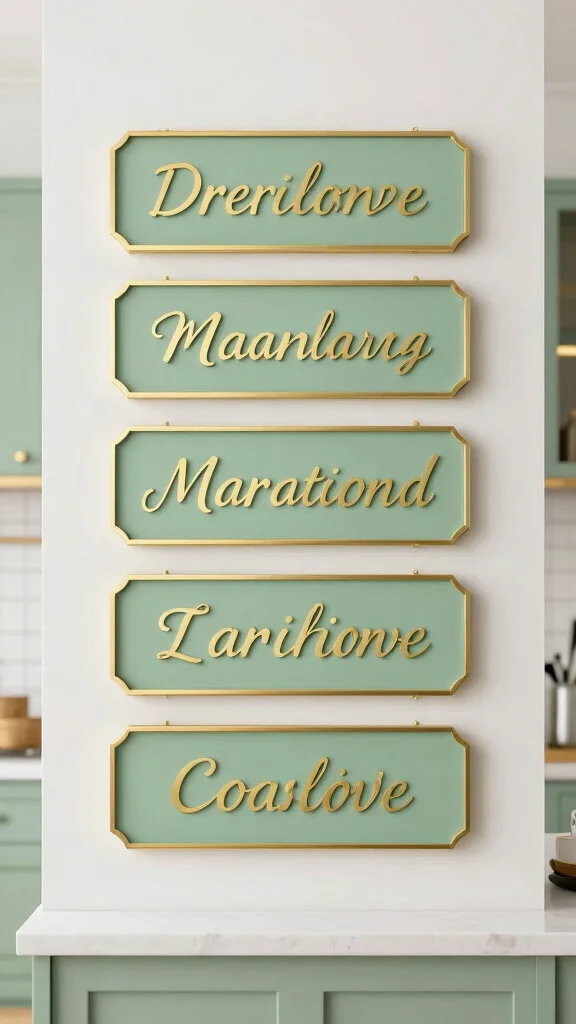 16 Sage Green and Gold Kitchen Designs for a Premium Look - 15. Sage Green and Gold Theme in Kitchen Signage 1