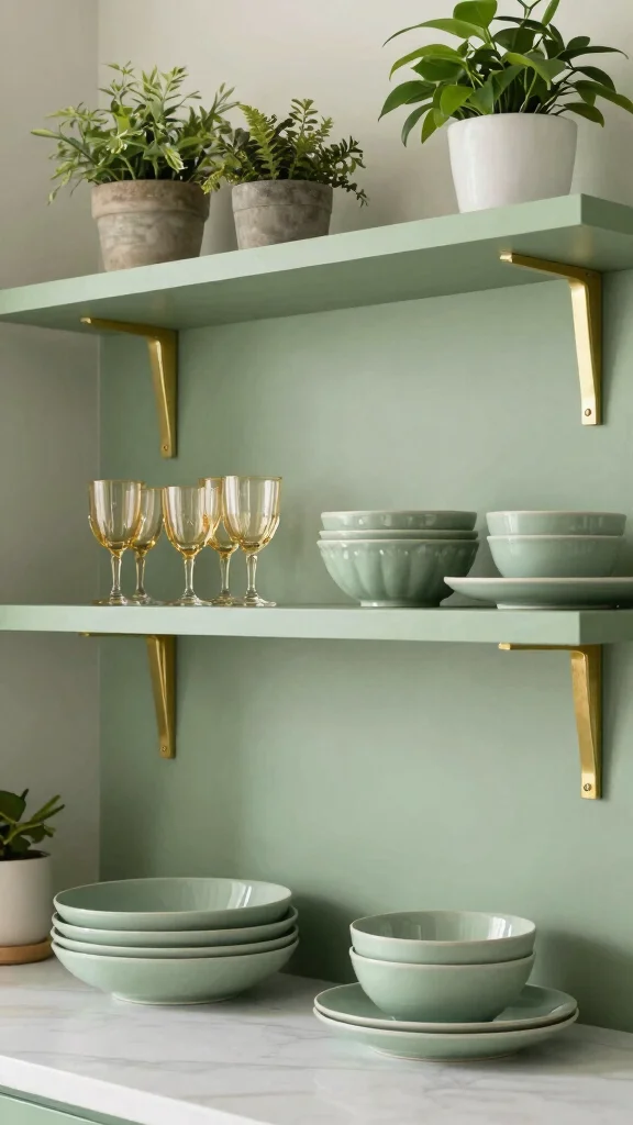 16 Sage Green and Gold Kitchen Designs for a Premium Look - 2. Open Shelving with Sage Green and Gold Accents 1