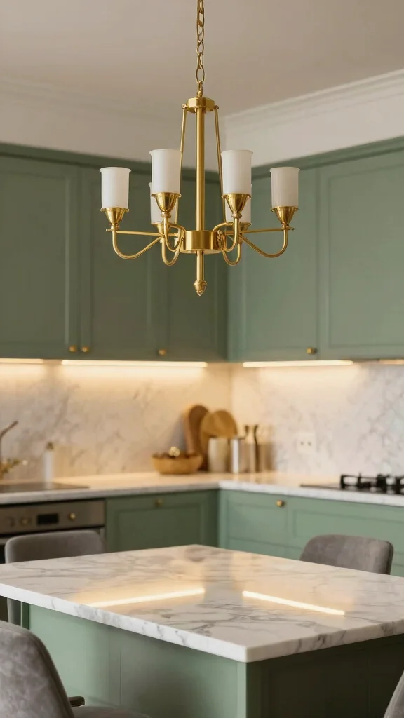 16 Sage Green and Gold Kitchen Designs for a Premium Look - 3. Statement Gold Lighting Fixtures 1