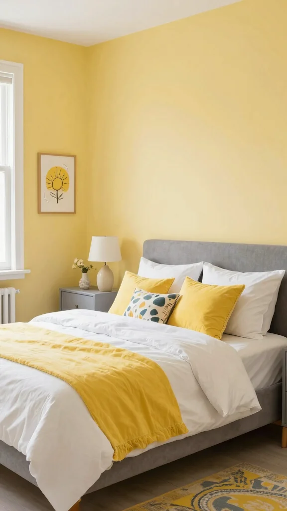 16 Wall Color Ideas for Gray Bedroom Furniture - 11. Light Mustard Yellow 1