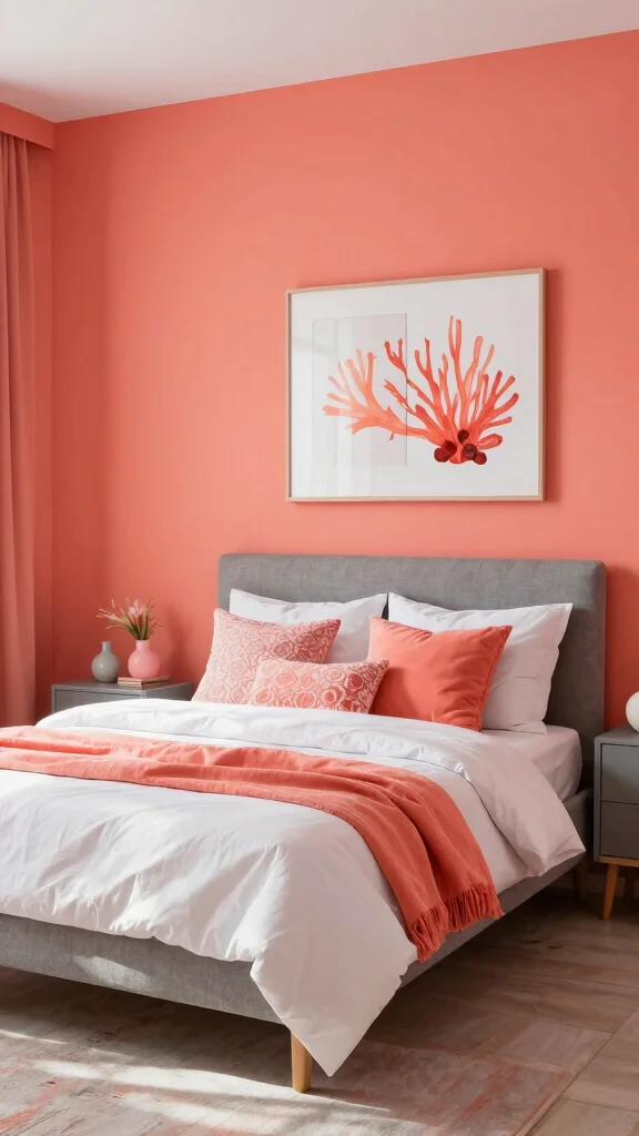 16 Wall Color Ideas for Gray Bedroom Furniture - 13. Bright Coral 1