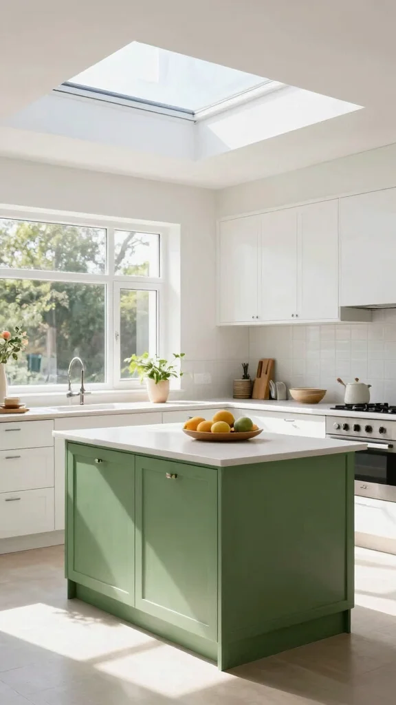 16 White Kitchens with Green Islands That Pop - 14. Natural Light Focus 1