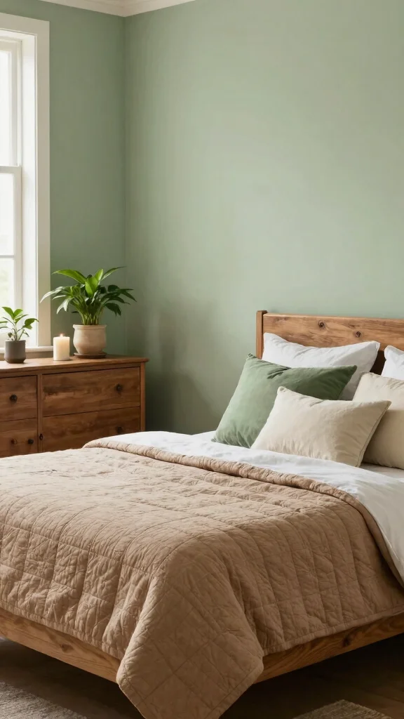 17 Bedroom Paint Ideas with Brown Furniture - 2. Soft Sage Green for a Refreshing Touch 1
