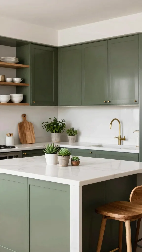 17 Elegant Olive Green and White Kitchen Design Ideas - 1. Sleek Olive Green Cabinets 1