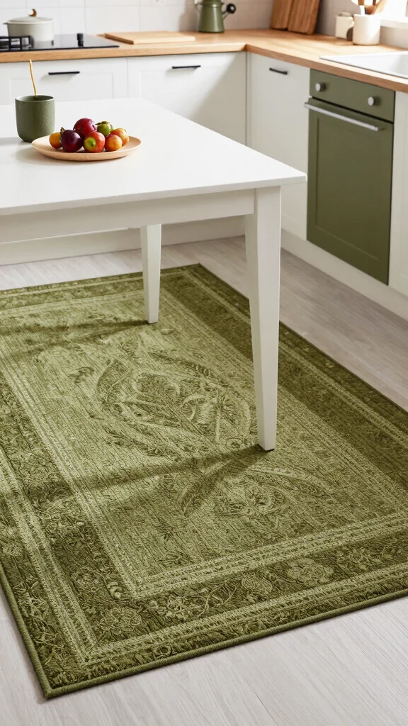 17 Elegant Olive Green and White Kitchen Design Ideas - 12. Statement Rugs 1