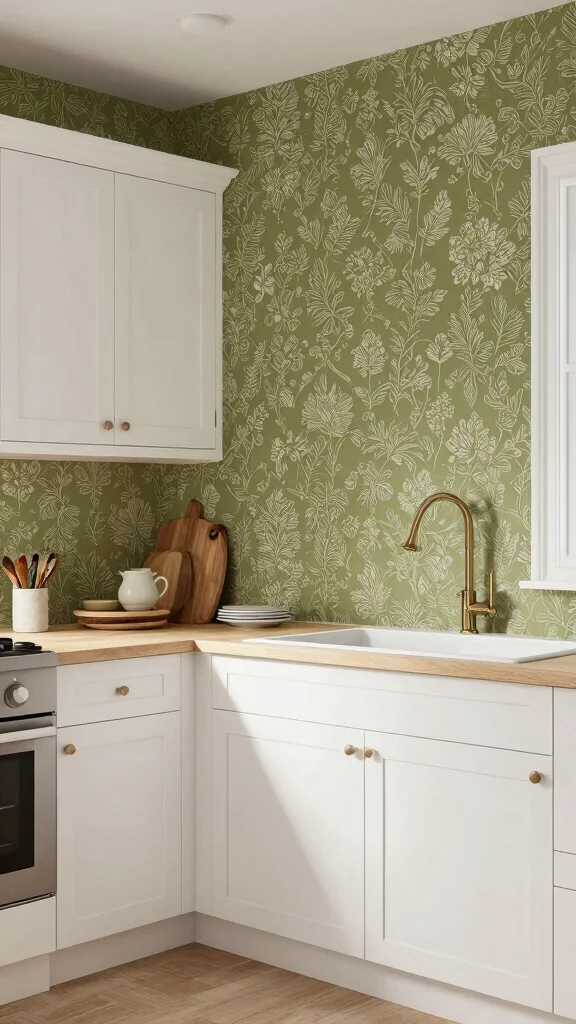17 Elegant Olive Green and White Kitchen Design Ideas - 15. Olive Green Wallpaper 1