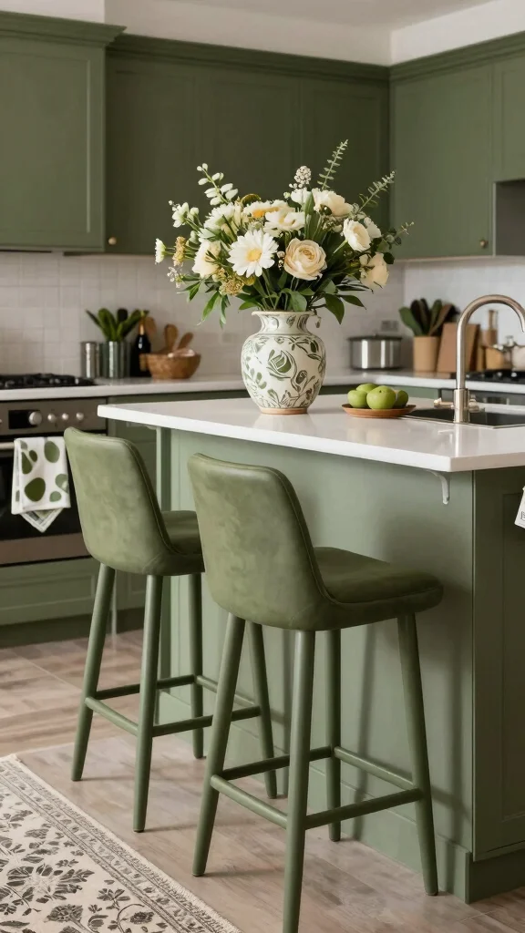 17 Elegant Olive Green and White Kitchen Design Ideas - 4. Olive Green Accents in Decor 1