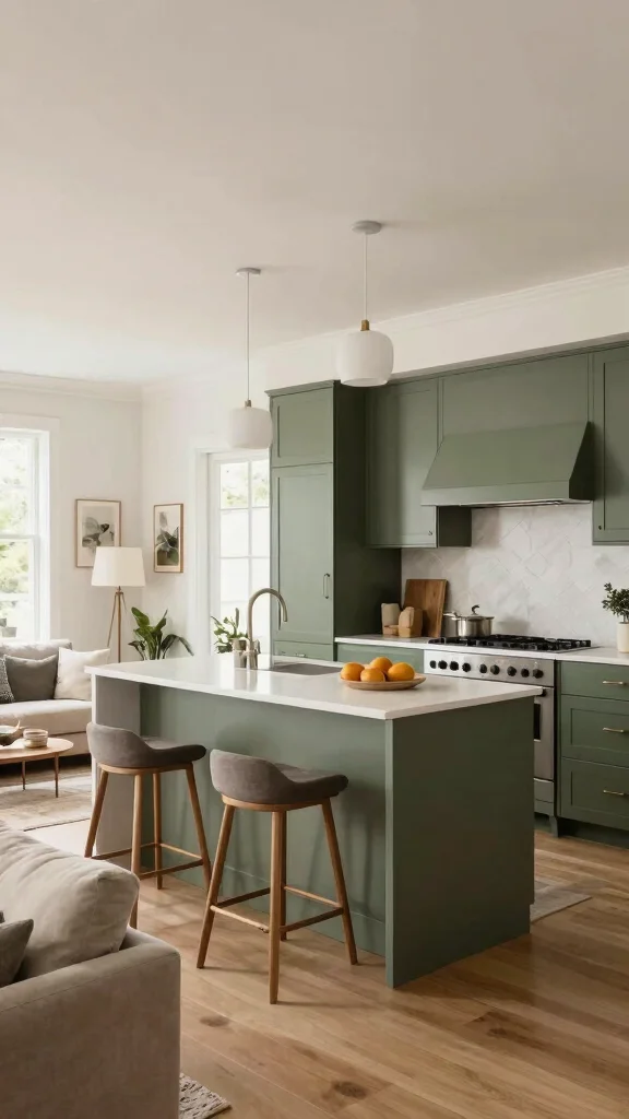 17 Elegant Olive Green and White Kitchen Design Ideas - 8. Open Concept Layout 1