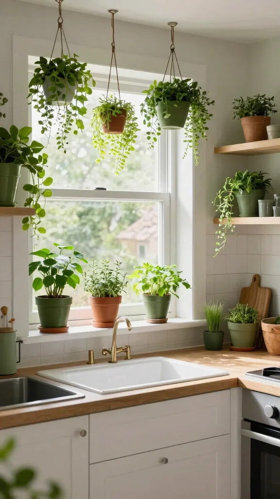 17 Elegant Olive Green and White Kitchen Design Ideas - 9. Greenery and Herbs 1