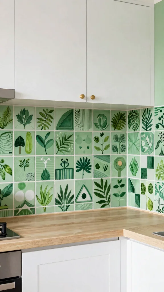 17 Green Backsplash Ideas for Kitchens with White Cabinets - 10. Green Patterned Tiles 1