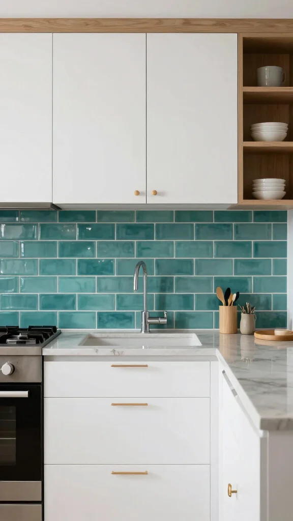 17 Green Backsplash Ideas for Kitchens with White Cabinets - 11. Teal Subway Tiles 1