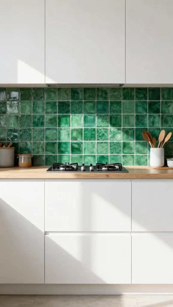 17 Green Backsplash Ideas for Kitchens with White Cabinets - 13. Emerald Green Encaustic Tiles 1