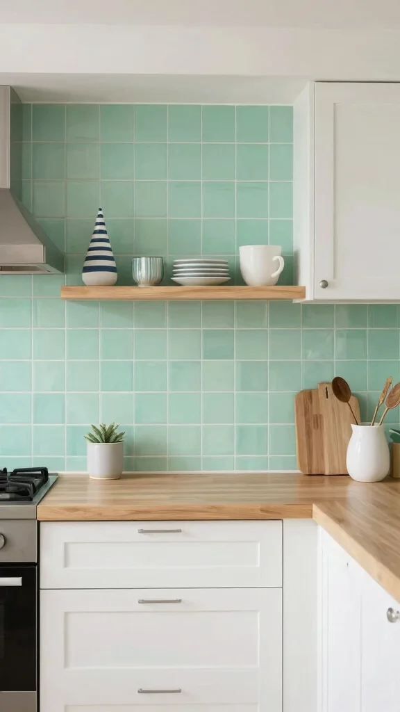 17 Green Backsplash Ideas for Kitchens with White Cabinets - 14. Seafoam Green Tiles 1
