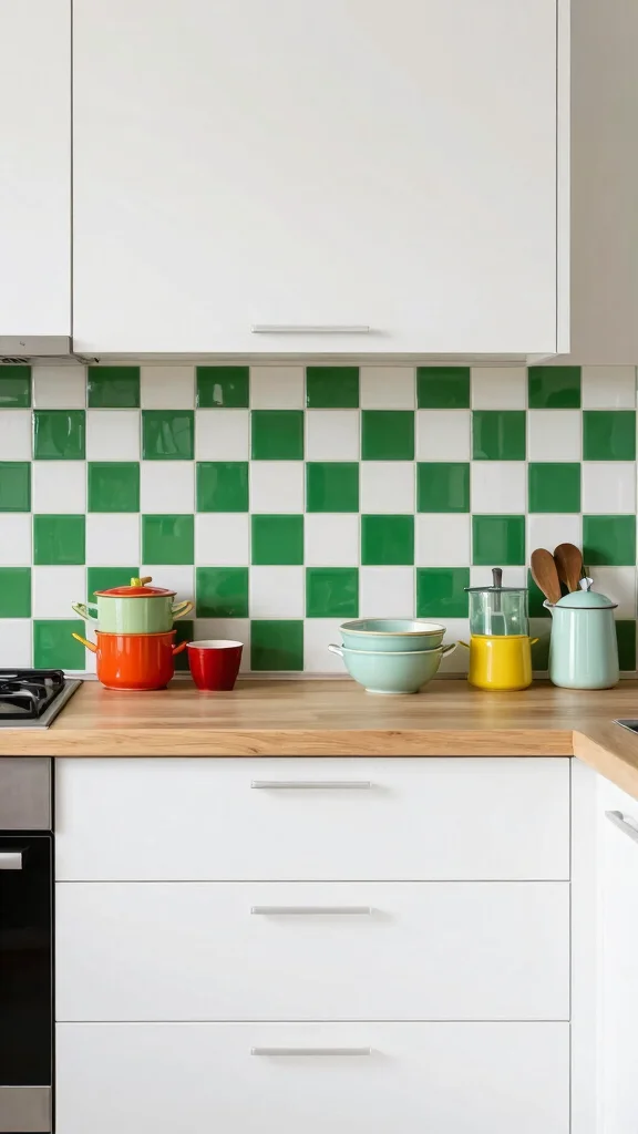 17 Green Backsplash Ideas for Kitchens with White Cabinets - 15. Green and White Checkerboard 1