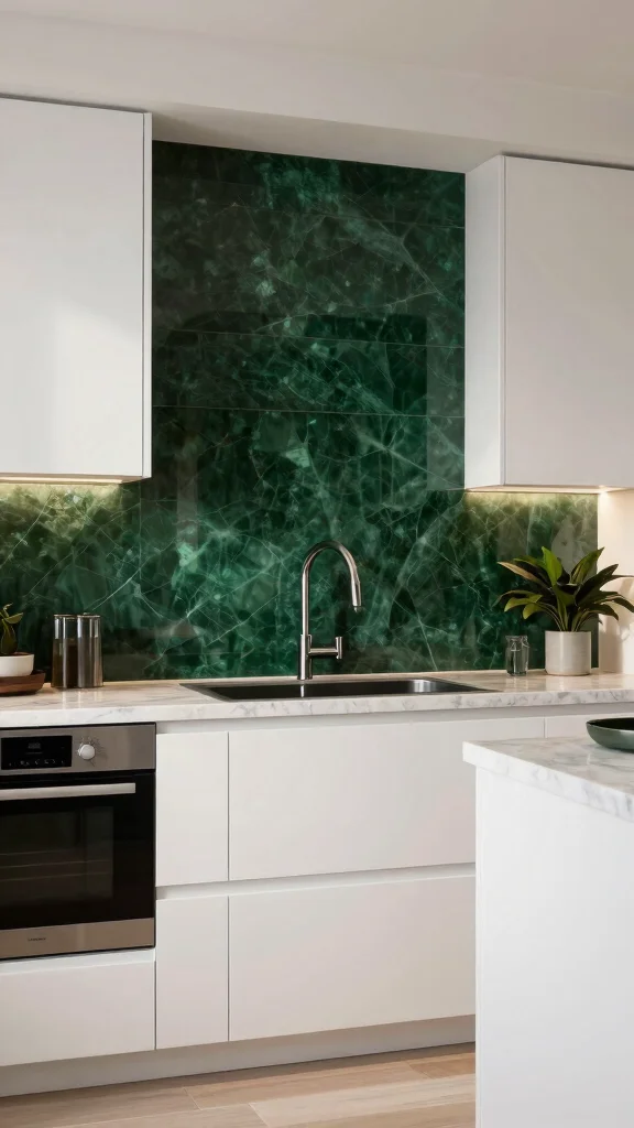 17 Green Backsplash Ideas for Kitchens with White Cabinets - 2. Deep Forest Green Glass 1