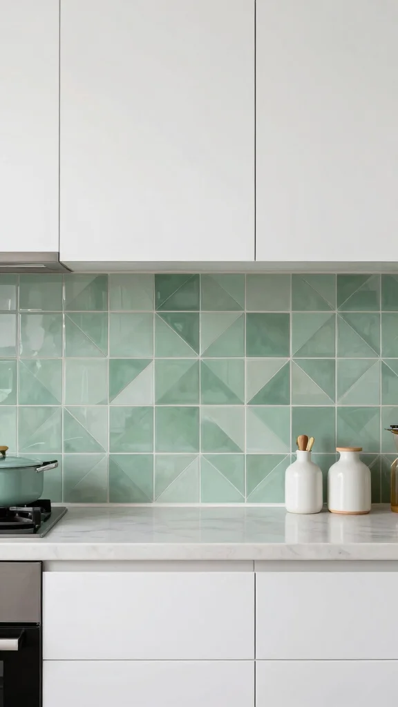 17 Green Backsplash Ideas for Kitchens with White Cabinets - 4. Sage Green Geometric Tiles 1