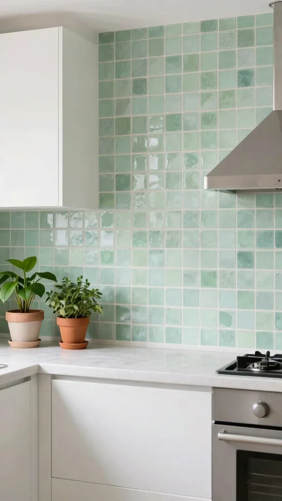 17 Green Backsplash Ideas for Kitchens with White Cabinets - 6. Pale Green Mosaic 1