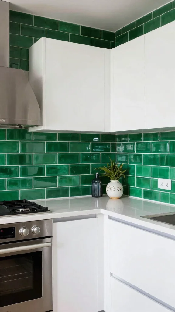 17 Green Backsplash Ideas for Kitchens with White Cabinets - 7. Bright Emerald Green Glass Tiles 1