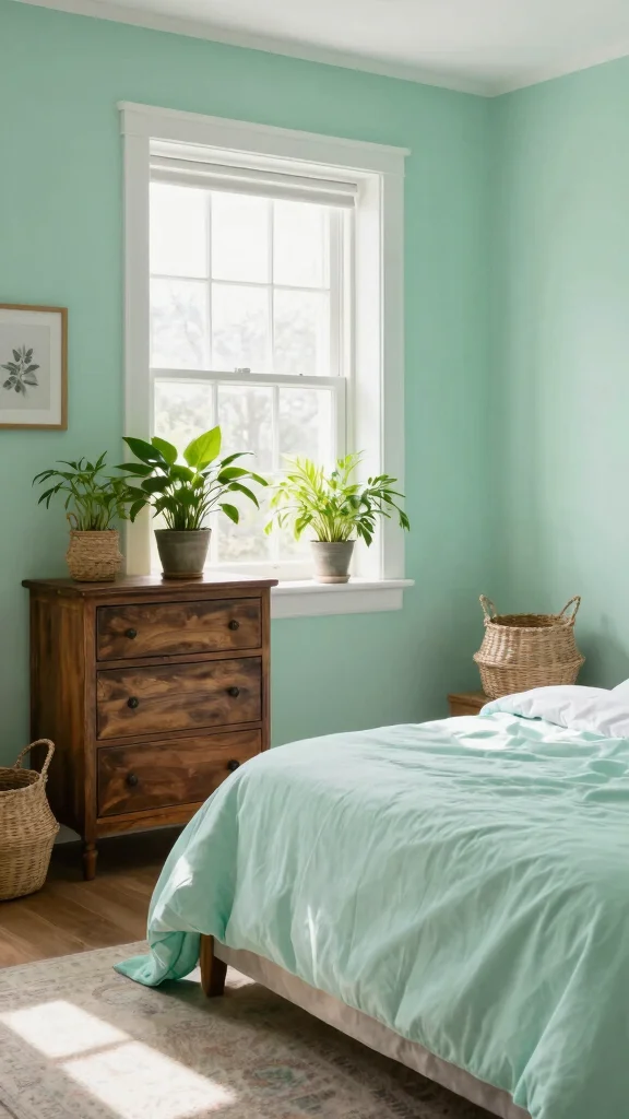 17 Green Bedroom Ideas with Dark Wood Furniture - 3. Mint Green with Rustic Charm 1