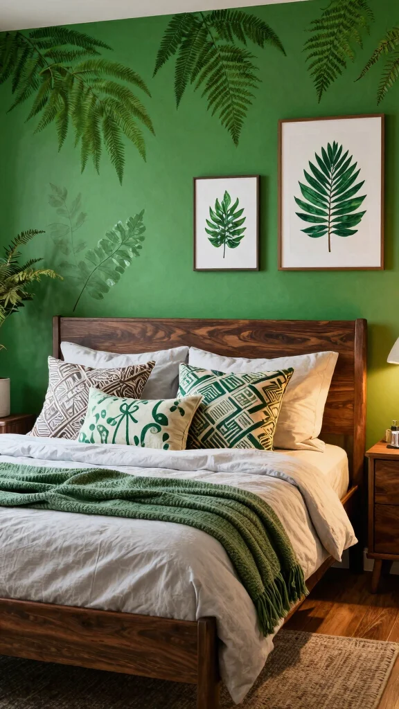 17 Green Bedroom Ideas with Dark Wood Furniture - 7. Bold Fern Green for Statement Decor 1