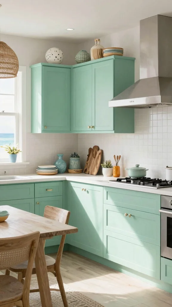 17 Green Cabinet Paint Colors to Upgrade Your Kitchen - 10. Seafoam Green: Coastal Vibes 1