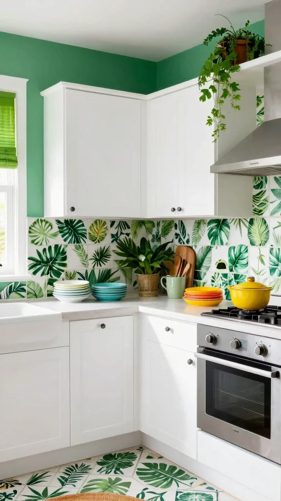 17 Green Kitchen with White Cabinets: Simple & Stunning Ideas - 10. Tropical Greens and Whites 1