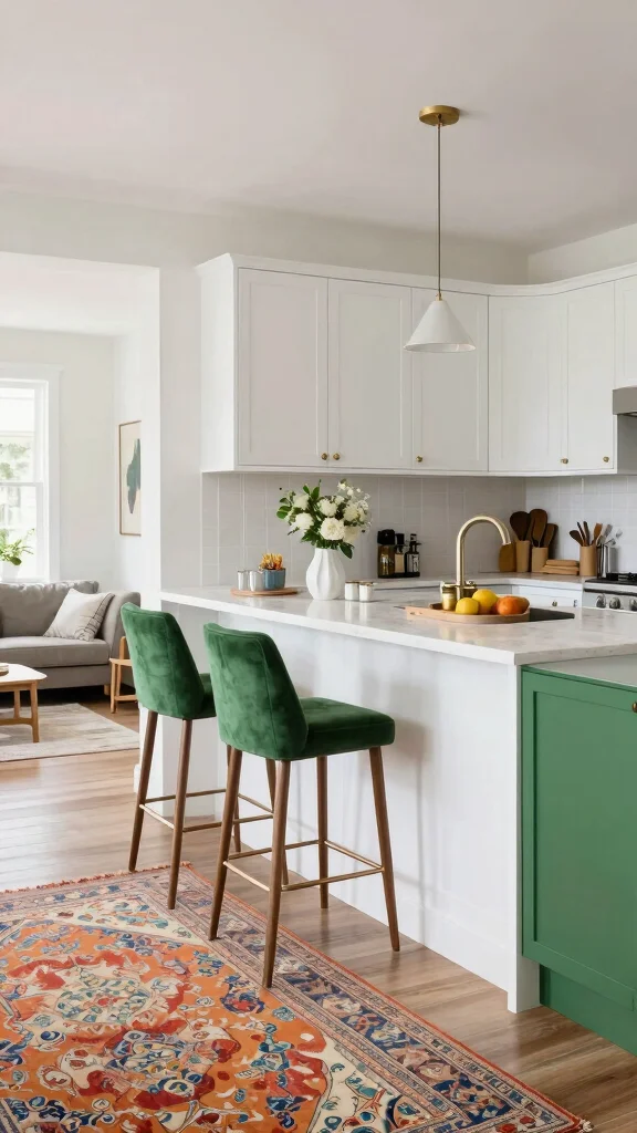 17 Green Kitchen with White Cabinets: Simple & Stunning Ideas - 16. Green Accents in Open Concept Spaces 1