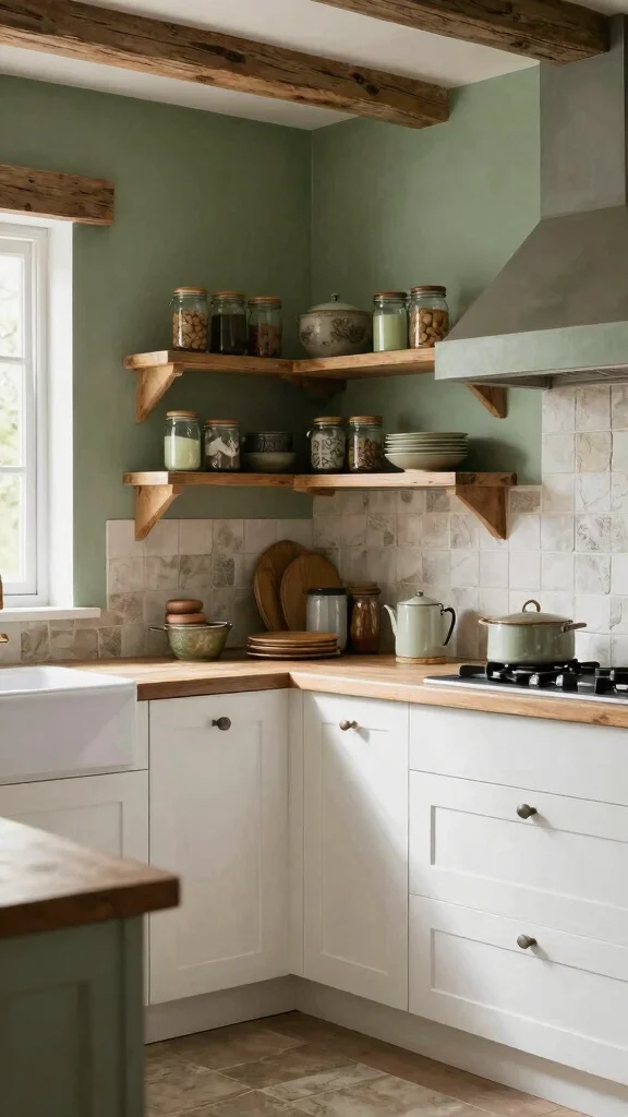 17 Green Kitchen with White Cabinets: Simple & Stunning Ideas - 9. Earthy Greens for a Rustic Feel 1