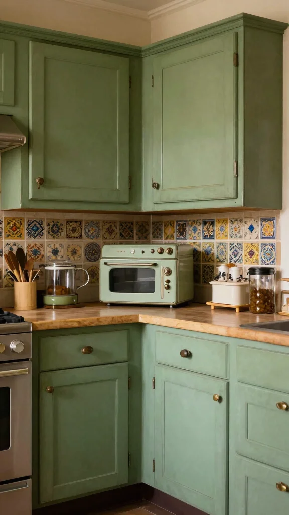 17 Kitchen Cabinet Green Color Ideas to Try - 12. Dusty Green for Retro Charm 1