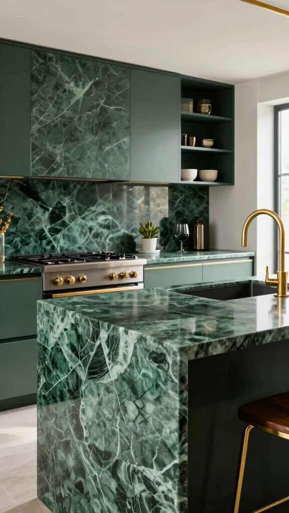 17 Luxurious Green and Gold Kitchen Ideas - 7. Unique Green Countertops 1