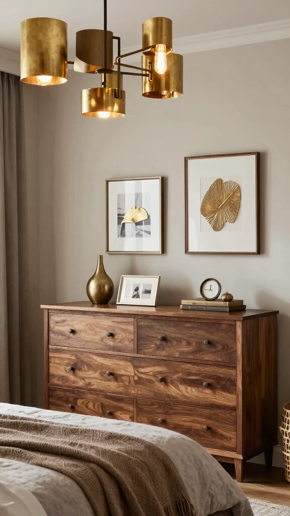 17 Master Bedroom Ideas with Brown Furniture Color Schemes - 12. Brown Furniture with Metallic Accents 1