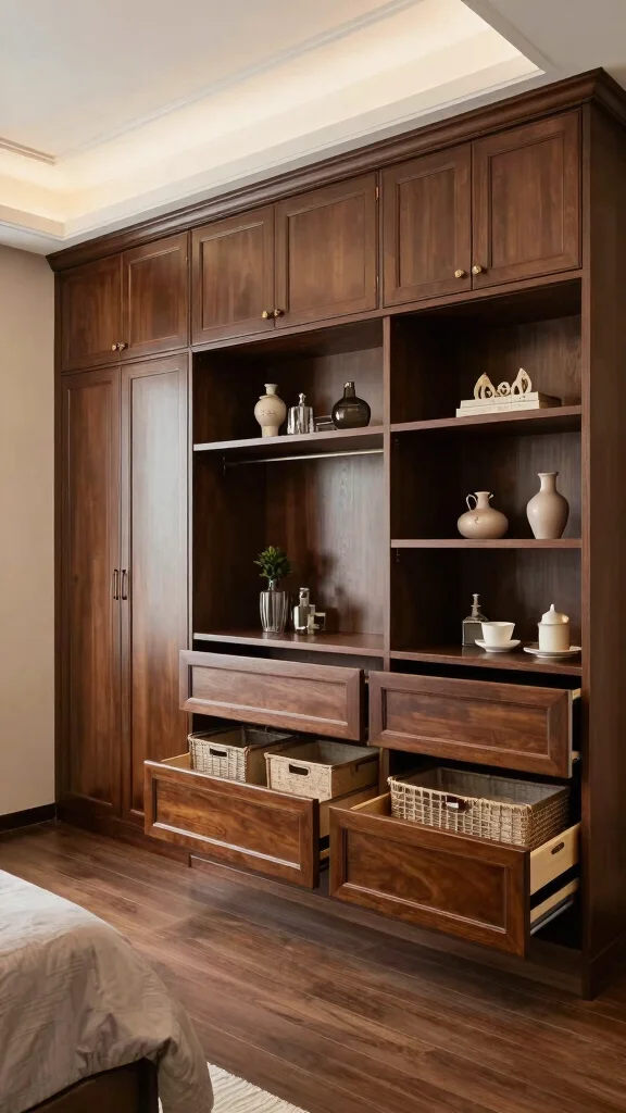 17 Master Bedroom Ideas with Brown Furniture Color Schemes - 13. Built-In Storage Solutions 1