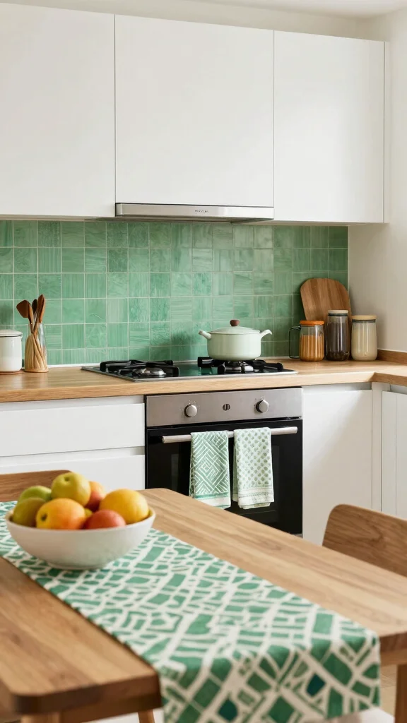 17 Mid-Century Modern Green Kitchen Ideas Making a Comeback - 12. Retro Green Textiles 1