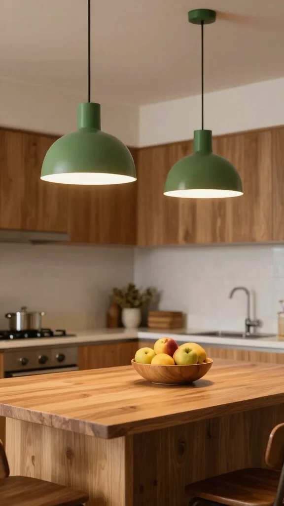 17 Mid-Century Modern Green Kitchen Ideas Making a Comeback - 9. Green Lighting Fixtures 1