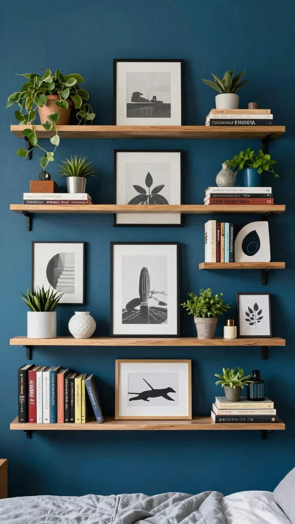 17 Mix and Match Bedroom Furniture Ideas for a Unique Look - 14. Accent Wall with Various Shelving 1