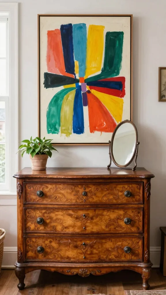 17 Mix and Match Bedroom Furniture Ideas for a Unique Look - 3. Antique Dresser with Contemporary Art 1