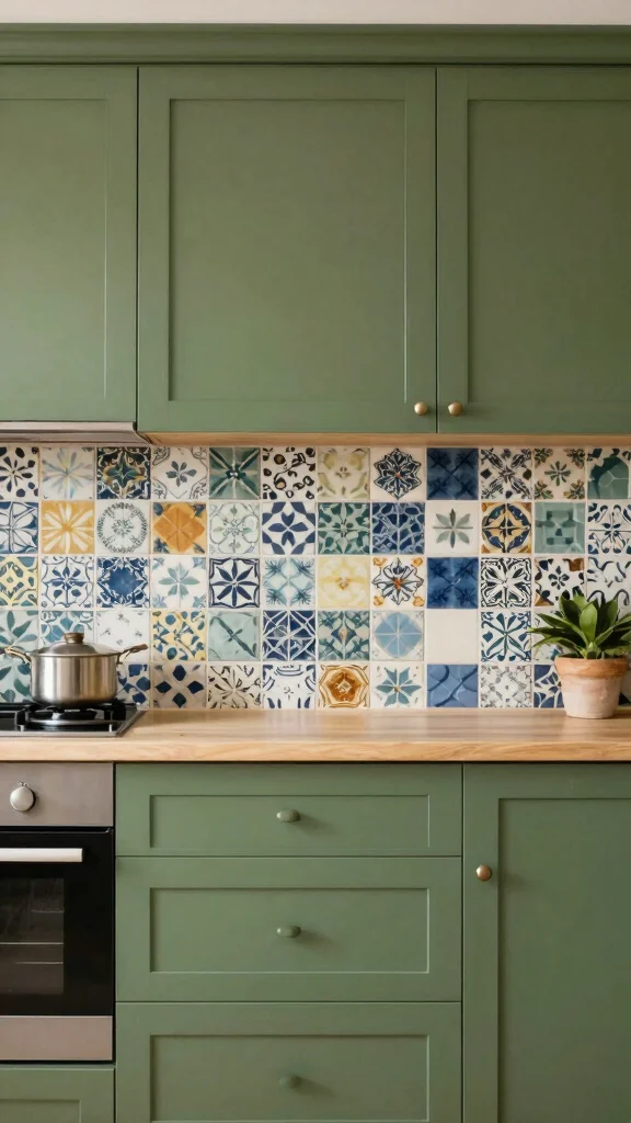 17 Modern Olive Green Kitchen Cabinet Ideas You’ll Love - 10. Creative Tile Accents 1