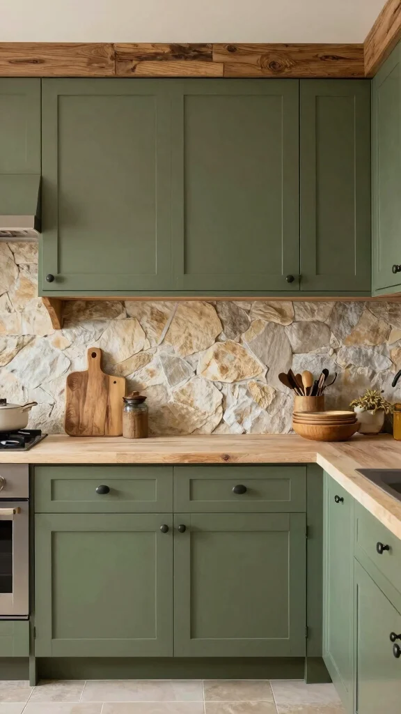 17 Modern Olive Green Kitchen Cabinet Ideas You’ll Love - 7. Olive Green and Natural Textures 1